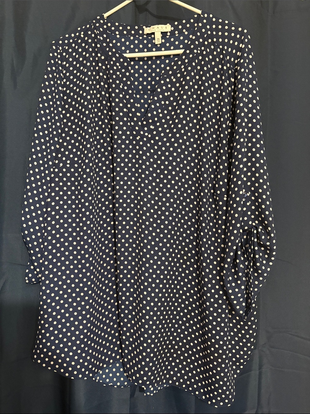 Chaus Navy and White Polka Dot Blouse